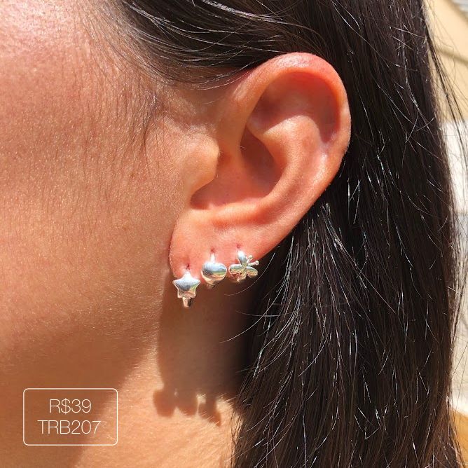 Trio Argola Lisa Borboleta + Estrela + Coração Prateada